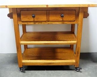 Solid Wood Rolling Drop Leaf Kitchen Cart With Single Drawer And Storage Shelves, 36" H x 48" W x 22" D