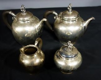 Silver Plate Tea And Coffee Pots And Cream And Sugar , 4 Total Pieces