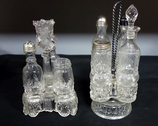 Two Glass Cruet Sets, Includes Vinegar, Salt And Pepper