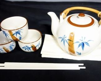 Chi Kiang Stoneware Teapot With Bamboo Handle And 3 Matching Tea Cups, Chopsticks (2) And 3 Wood Trays