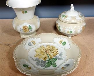 Hutschenreuther Bavaria Porcelain 13" Platter, 8.5" Vase And 7" Covered Dish