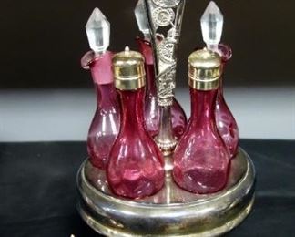 Antique Colored Glass Cruet Set, Includes 6 Bottles And Stand
