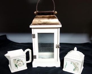 Decorative Wood Lantern Box And Porcelain Cream And Sugar Set
