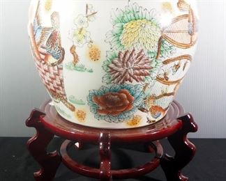 Ceramic Bird And Floral Pot, 11" H x 13.75" Dia, On Wood Stand