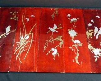 Wood Panel Art With Metal Inlays Depicting Floral And Bird Designs, Qty 5
