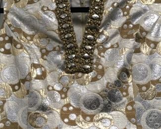 vintage 1960's  geometric jacquard metallic gold dress