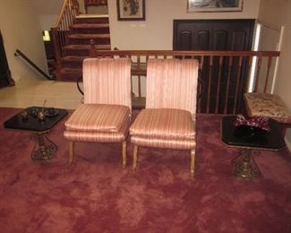 Beautiful Pair of Silk Occasional Parlor Seating
Pair Of Marble Top Tables With Brass Scrolled Base 