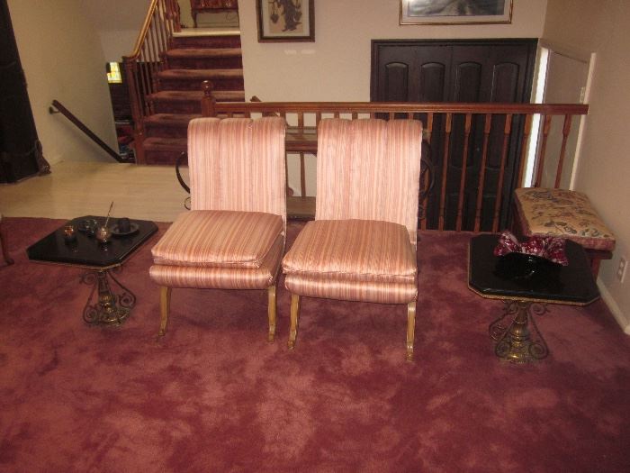Beautiful Pair of Silk Occasional Parlor Seating
Pair Of Marble Top Tables With Brass Scrolled Base 