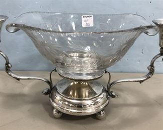 Silver Plate Two Arm Centerpiece Cut Glass Bowl