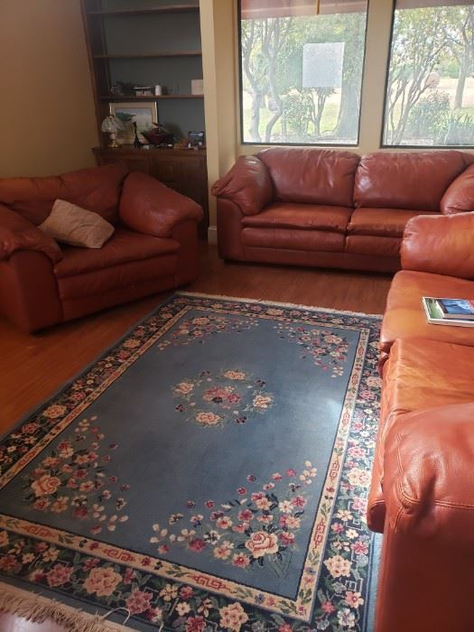 RUGS,2  LEATHER SOFA, OVERSIZE CHAIR AND OTTOMAN