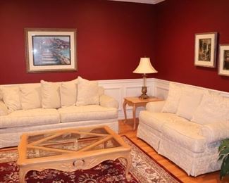 Crème Sofa & Love Seat with Wood & Glass Coffee Table, Side Table and Lamp