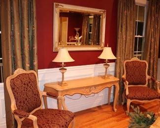 Pair of Upholstered Occasional Chairs, Console Table, Pair of Lamps and Large Mirror