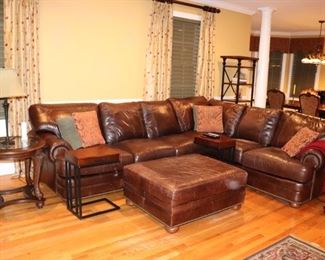 Brown Sectional Sofa with Over-sized Ottoman, Round Side Table and Lamp