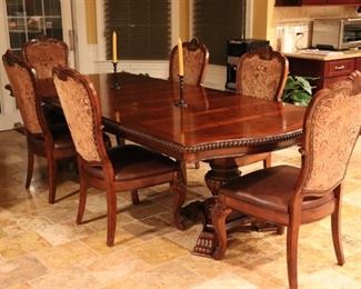Dark Wood, Double Pedestal Banded Table with 6 Chairs
