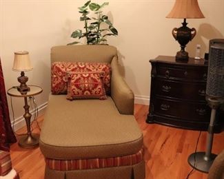 Chaise with Accent Pillows, Assorted Lamps and Small Round Side Table