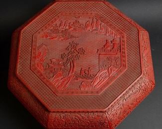 A Magnificent Octagonal Carved Cinnabar Box