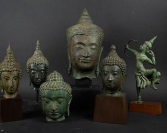 Group of Cambodian Bronze Heads and Buddha