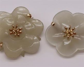 JEWELRY Carved Celadon Jade Floral Brooches