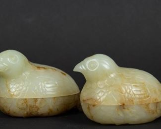 Pair of BirdForm Russet and Celadon Jade Boxes