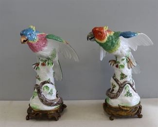 Pair Of Large Bronze Mounted Porcelain Parrots