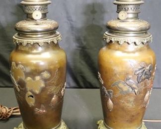Pair Of Meji Bronze Oil Lamps Now Electrified