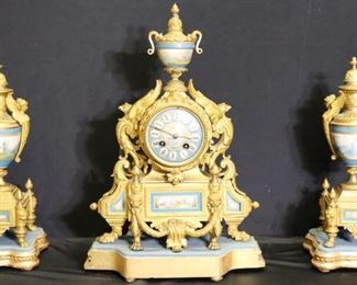 Signed Dore Bronze Clock Garniture Set With Sevres