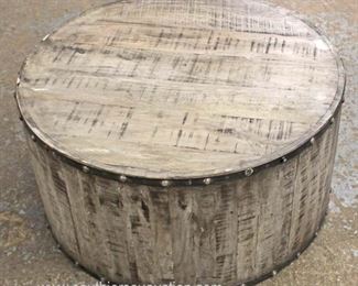  Distressed Wood Metal Banded Round Coffee Table 