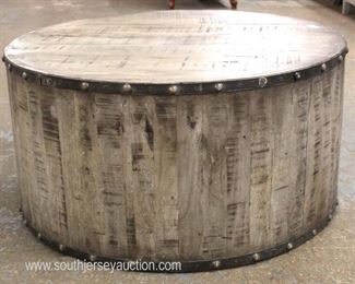  Distressed Wood Metal Banded Round Coffee Table 