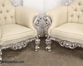  PAIR of Button Tufted Silver Finish Throne Chairs 