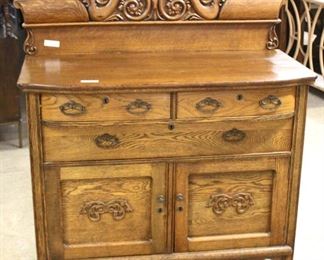  ANTIQUE Oak Carved 3 Drawer 2 Door Buffet with Fancy Backsplash and Panel Sides 