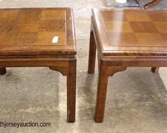  PAIR of “Ethan Allen Furniture” Burl Walnut Chippendale Style Banded Lamp Tables 