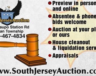 Preview Saturday prior to auction from 8:30am to 3:00pm.  South Jersey Auction by Babington Auction Inc located in Logan Township, New Jersey 08085 open every day from 8:30am to 4:00pm (856) 467-4834 