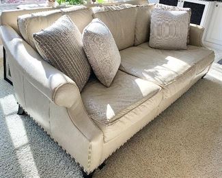 96” long x 46” wide Walter E Smith Deep Leather Sofa Couch with grommet trim & throw pillows $1295.00 obo