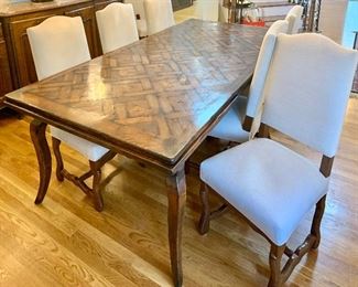 Henredon 84” x 42” Rectangle Dining Table with pullout leaves (stored under table top) w/ 6 wood arm chairs with ivory upholstered backs & seats $995 for set