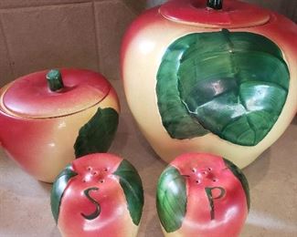 Vintage Hull Pottery blossoming apples cookie jar, grease jar and salt/pepper shakers