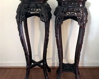 Asian Carved Wood & Marble Plant Stands