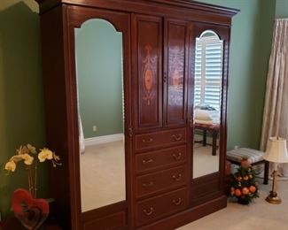 Wonderful antique inlaid mahogany English Edwardian style armoire, also purchased from Mary Anne Kovac