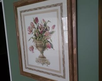 One of two framed floral prints