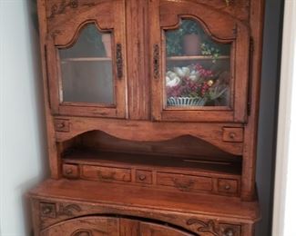 Antique French style hutch with two glass doors above cupboard, appr. 80 inches tall by 52 inches wide by 21 inches deep at base