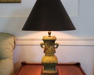 Two Chinese metal urn shape table lamps