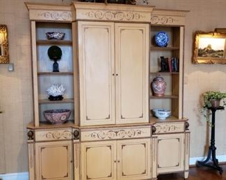 Regency style yellow painted hutch with gilt trim, appr. 88 inches wide by 93 inches tall and 21 inches deep and center