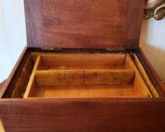 Antique wooden jewelry box with fitted inside compartment