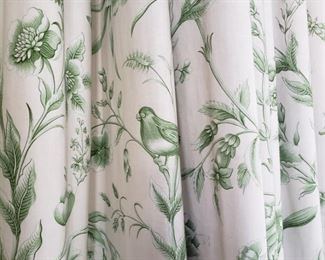 Linen panel draperies, appr. 100 inches wide, need cleaning but with wonderful bird valances