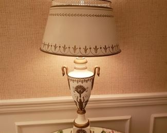 White and gold tole painted table lamp