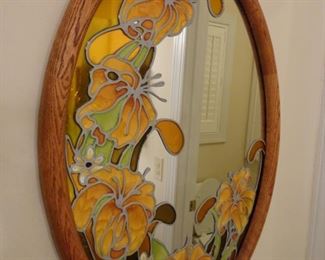 Oak Oval Mirror with Stained Glass