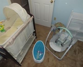 New bassinet, infant swing and baby room organizer, infant bath