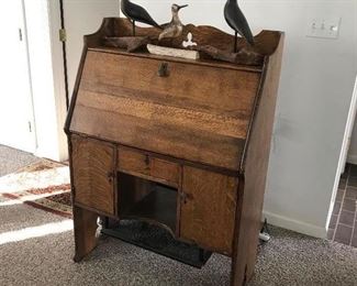 Unusual Arts and Crafts Oak drop front desk with built in safe