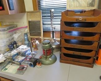 Vintage bin, lantern, Coleman lantern, washboard, misc.