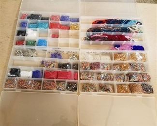 4 organizer containers full of assorted jewelry beads - Silver Line beads, metal beads, glass beads, stretch bracelets