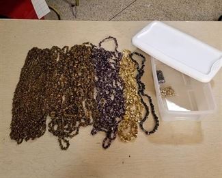 large lot of assorted beaded strands and tote with lid